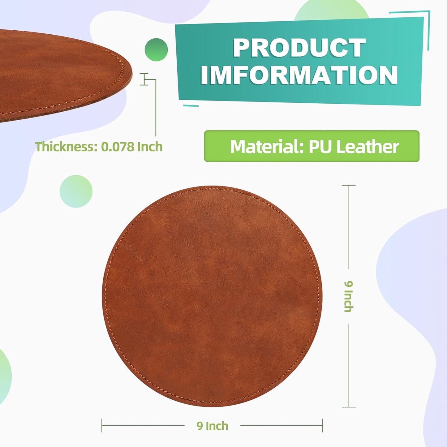 Mouse Pad,Round Mouse Pad,Pu Mouse Pad,Leather Mouse Pad with Stitched Edge Micro-Fiber Base with Non-Slip Waterproof,Mouse Pad for Computers,Laptop,9 X 9 Inch (Caramel Brown)