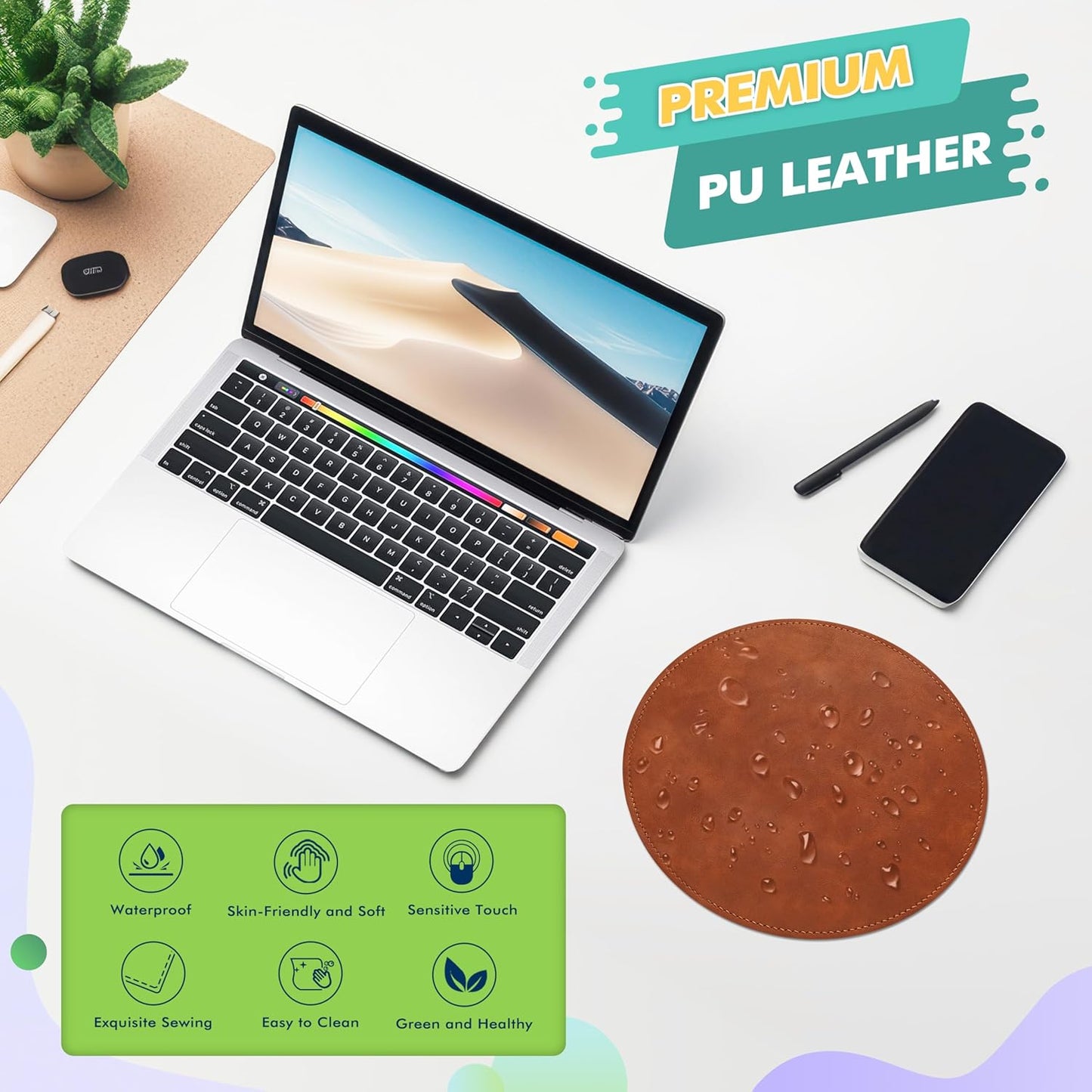 Mouse Pad,Round Mouse Pad,Pu Mouse Pad,Leather Mouse Pad with Stitched Edge Micro-Fiber Base with Non-Slip Waterproof,Mouse Pad for Computers,Laptop,9 X 9 Inch (Caramel Brown)